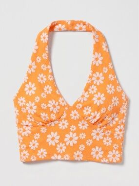Sleeveless Daisy Print Open Back Halter Crop Top